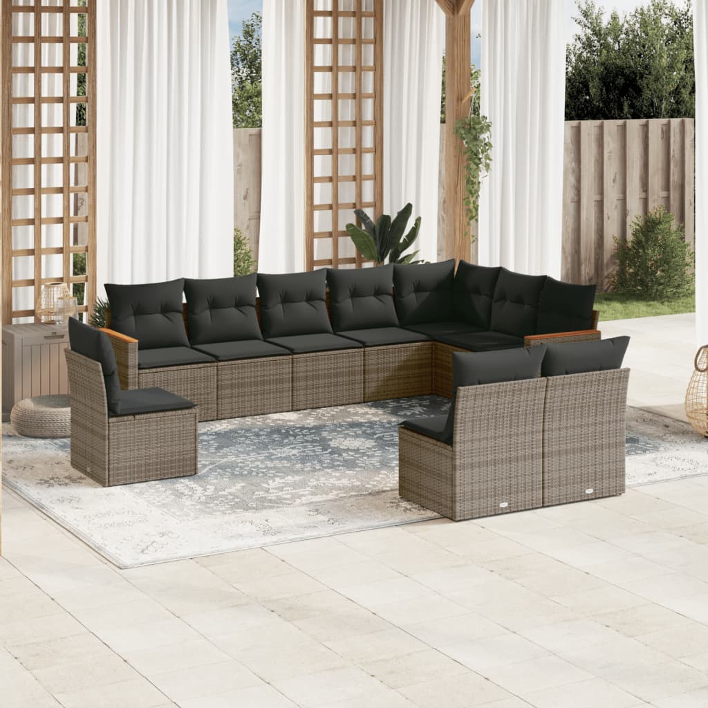 10-tlg. Garten-Sofagarnitur mit Kissen Schwarz Poly Rattan
