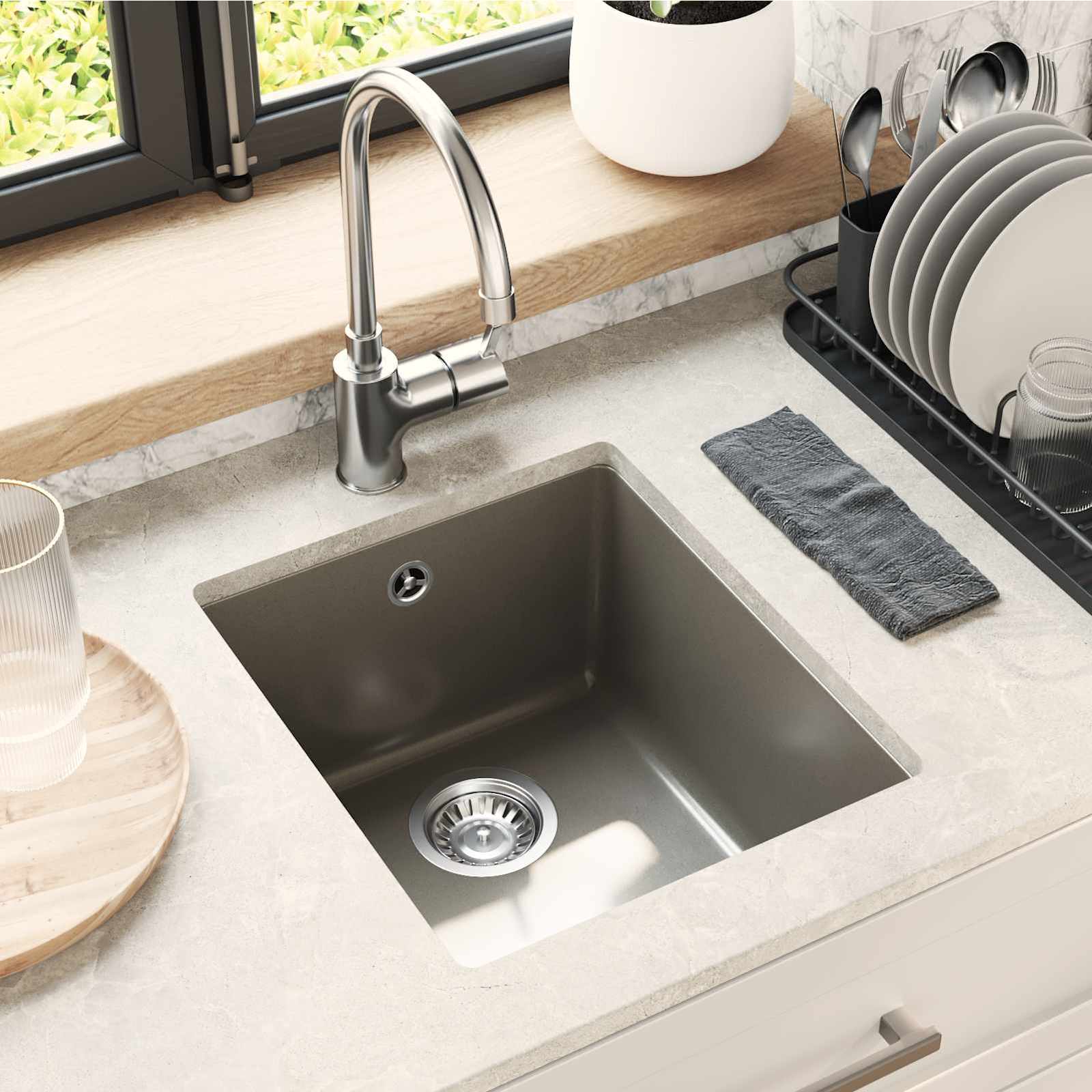 Waschbecken Schwarz 370 x 460 mm 80% Quarz und 20% Harz
