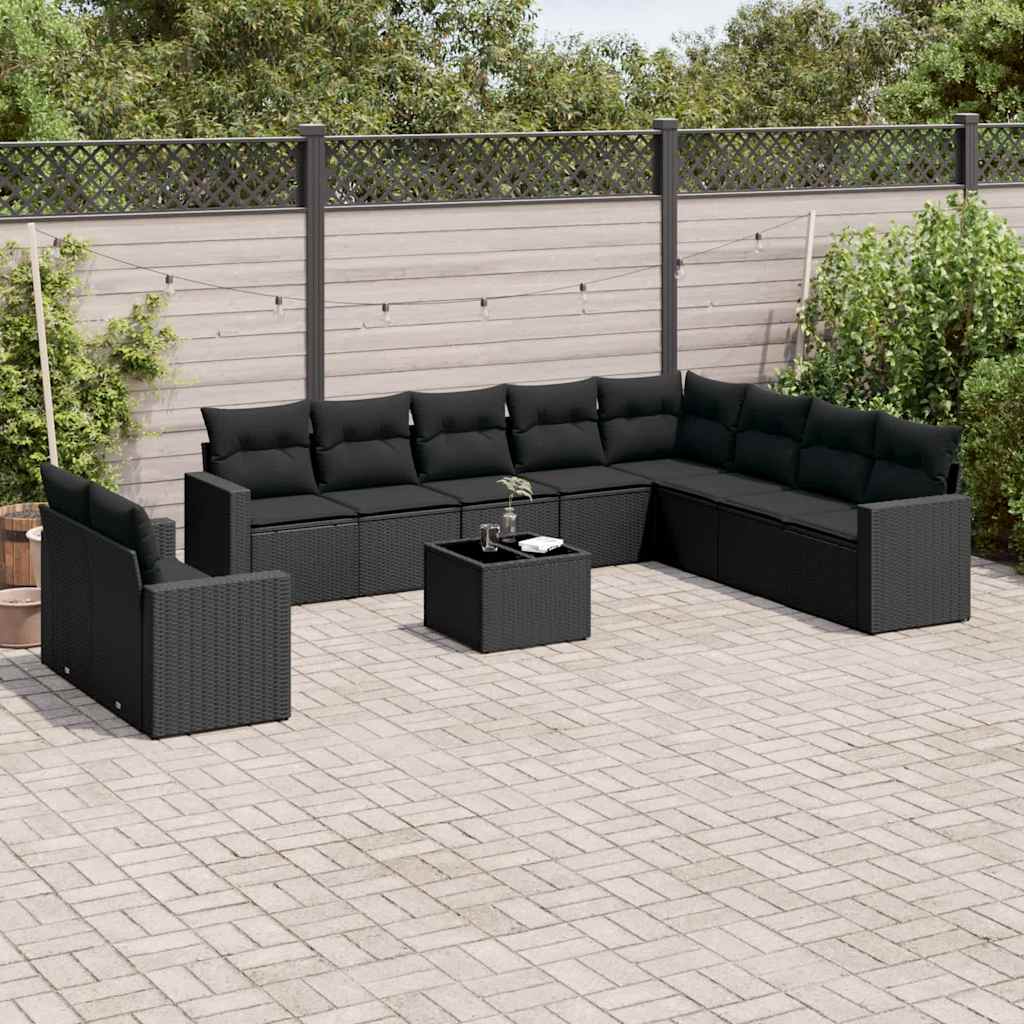 10-tlg. Garten-Sofagarnitur mit Kissen Schwarz Poly Rattan