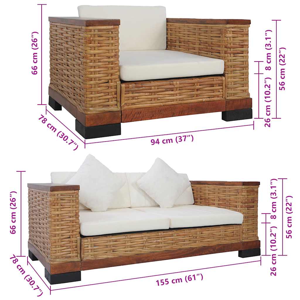 2-tlg. Sofagarnitur mit Auflagen Braun Natur Rattan