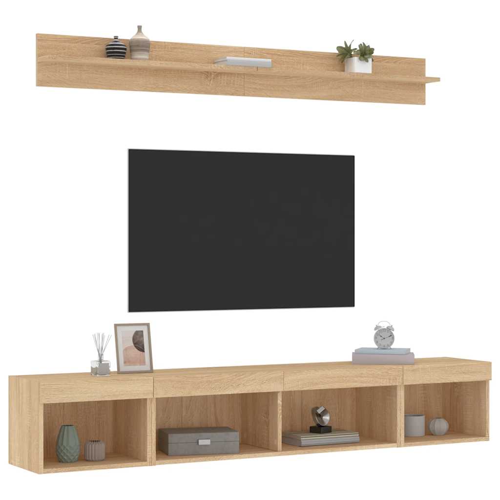 5-tlg. Wohnwand mit LED-Beleuchtung Weiß Holzwerkstoff