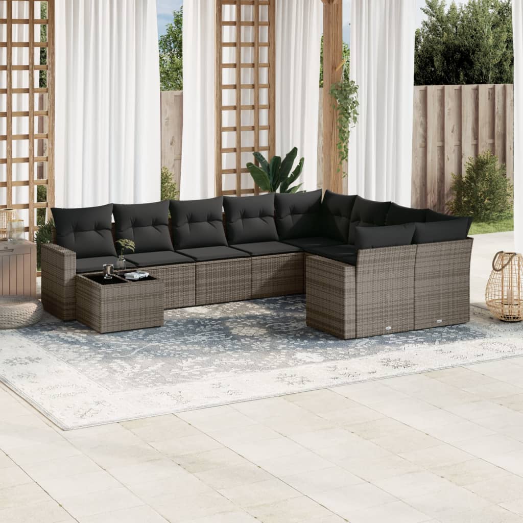 10-tlg. Garten-Sofagarnitur mit Kissen Schwarz Poly Rattan