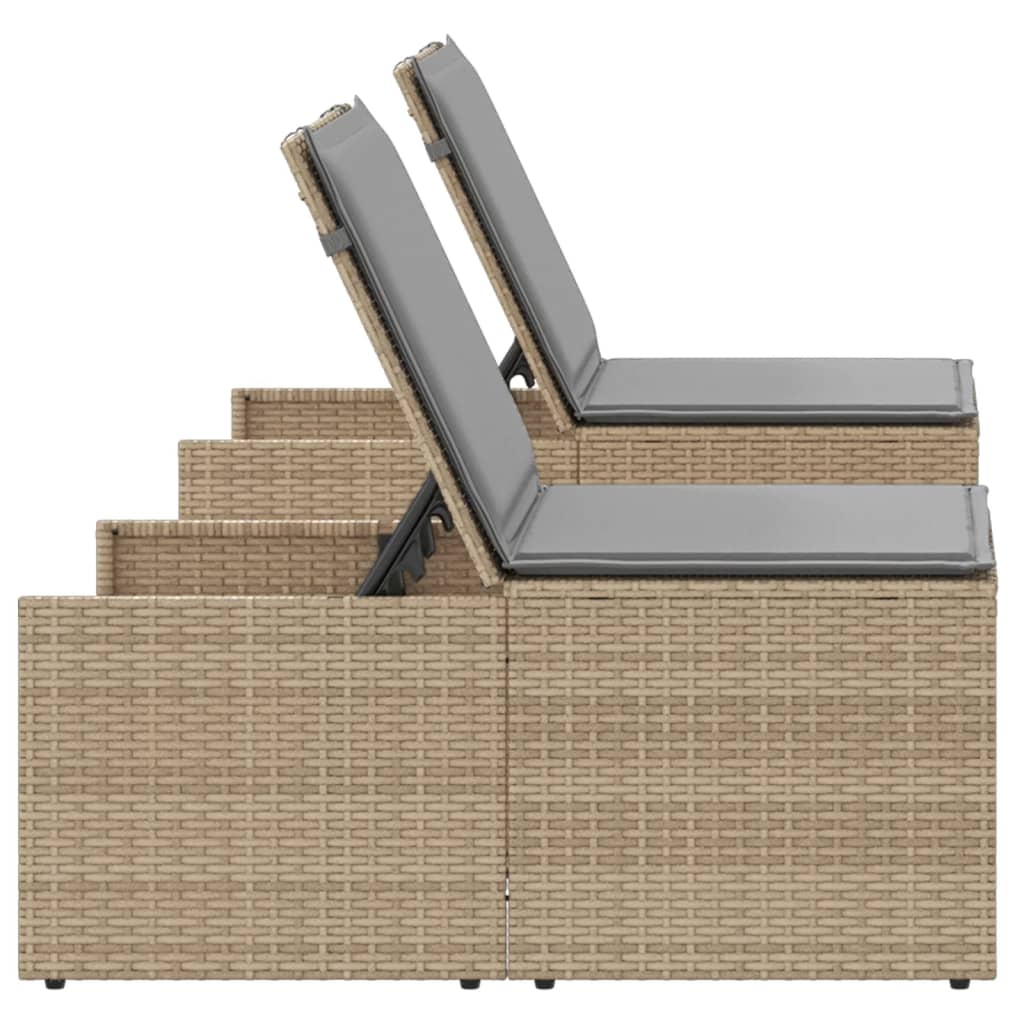 Modulare Sonnenliegen 2 Stk. mit Tisch Schwarz Poly Rattan