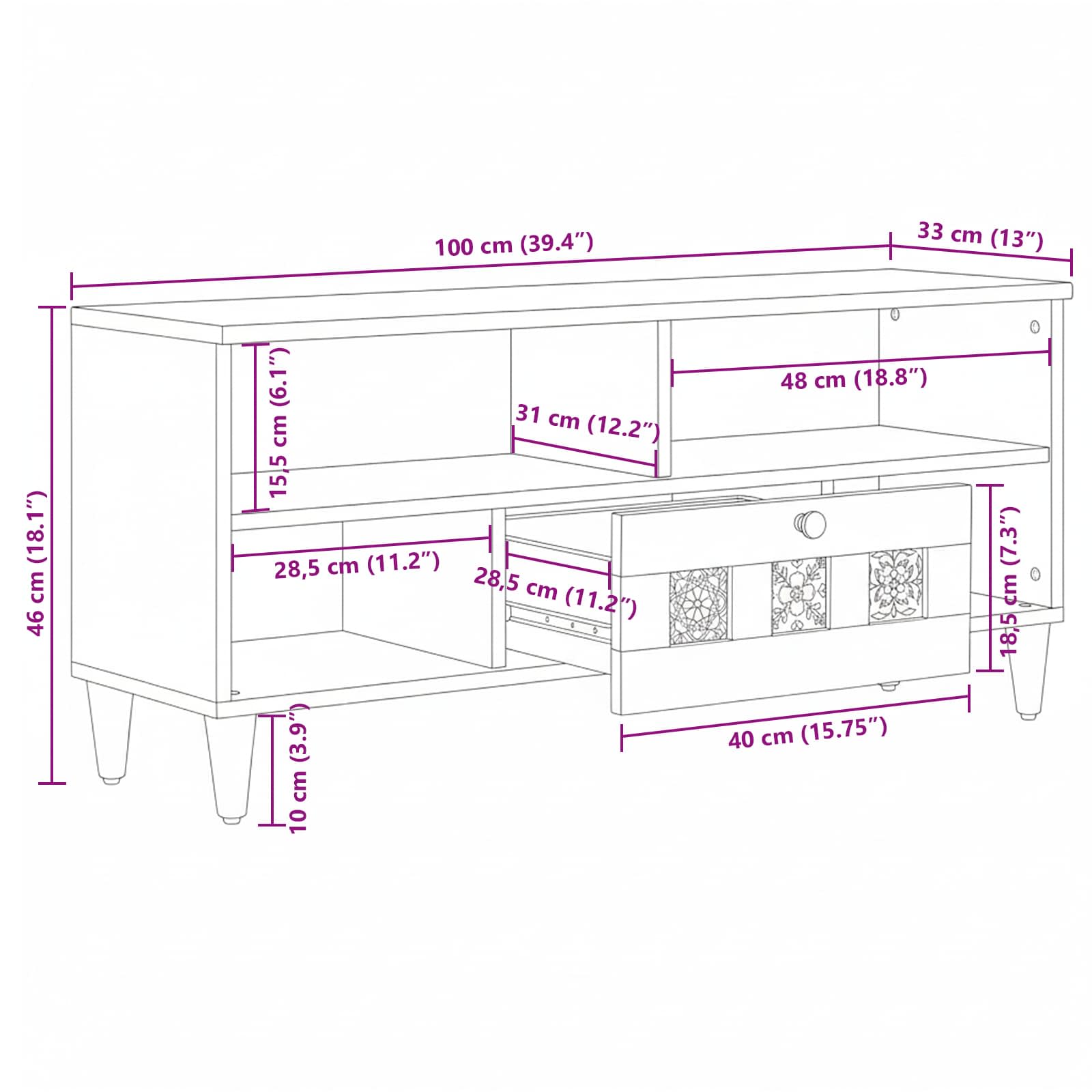 TV-Schränk mit Regal Walnuss 100 x 33 x 46 cm Massivholz Mango
