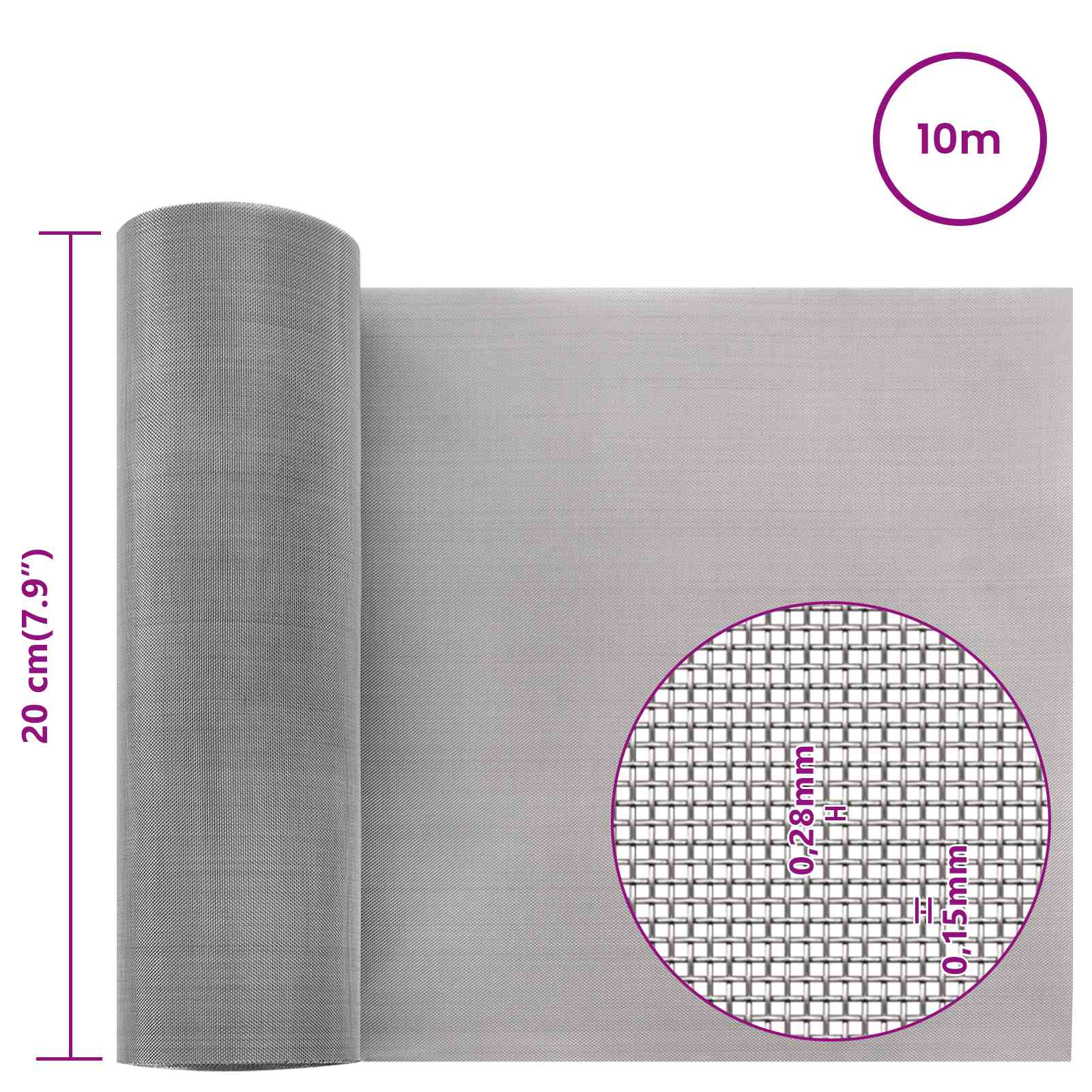 Mesh Bildschirm 20 x 500 cm 20 Mesh Edelstahl 201 Silber