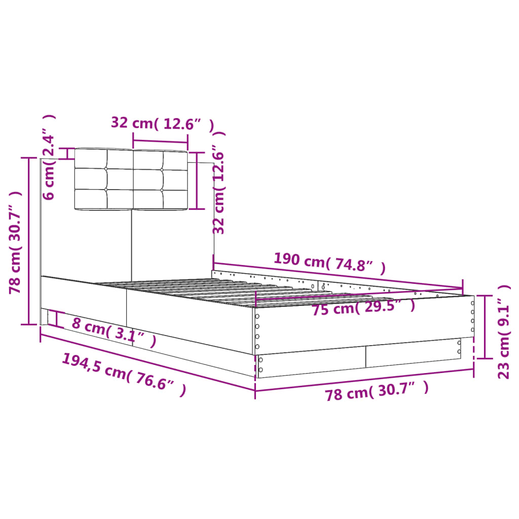 Bettgestell mit Kopfteil Grau Sonoma 180x200 cm Holzwerkstoff
