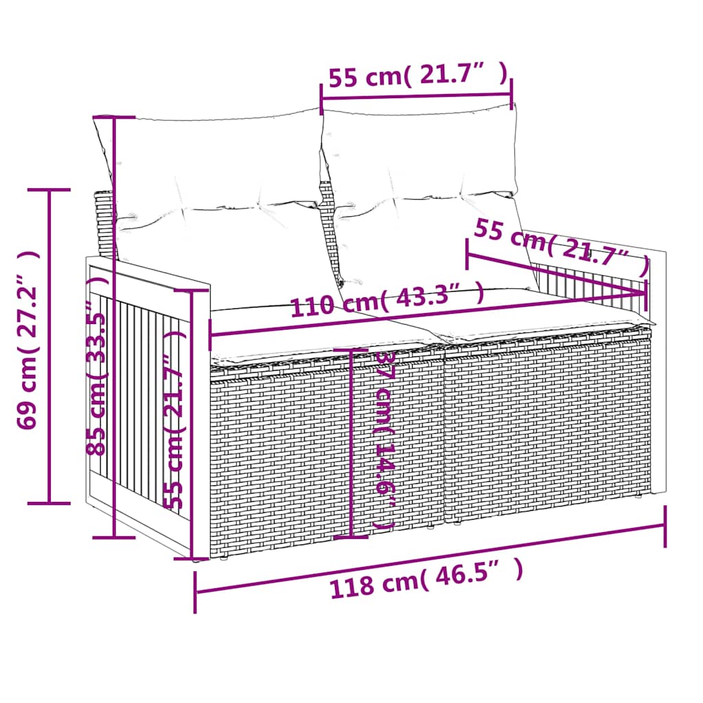 10-teiliges Gartensofa-Set mit Kissen, schwarzes Polyrattan