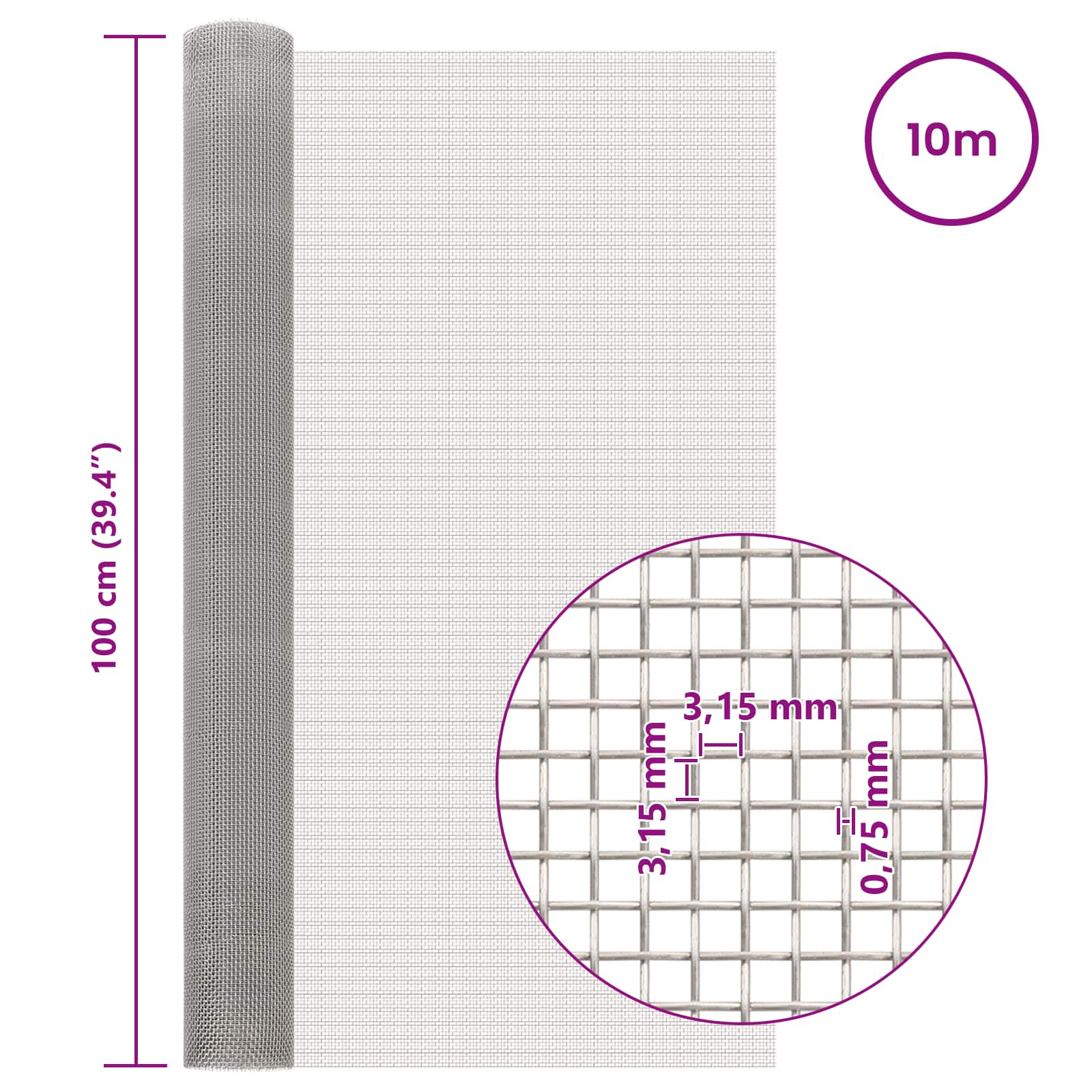 Mesh Bildschirm 20 x 500 cm 20 Mesh Edelstahl 201 Silber