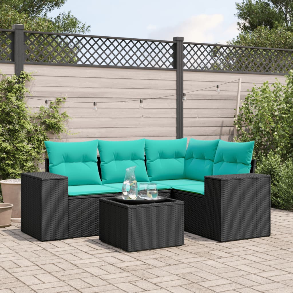 4-teiliges Gartensofa-Set mit Kissen, schwarzes Polyrattan