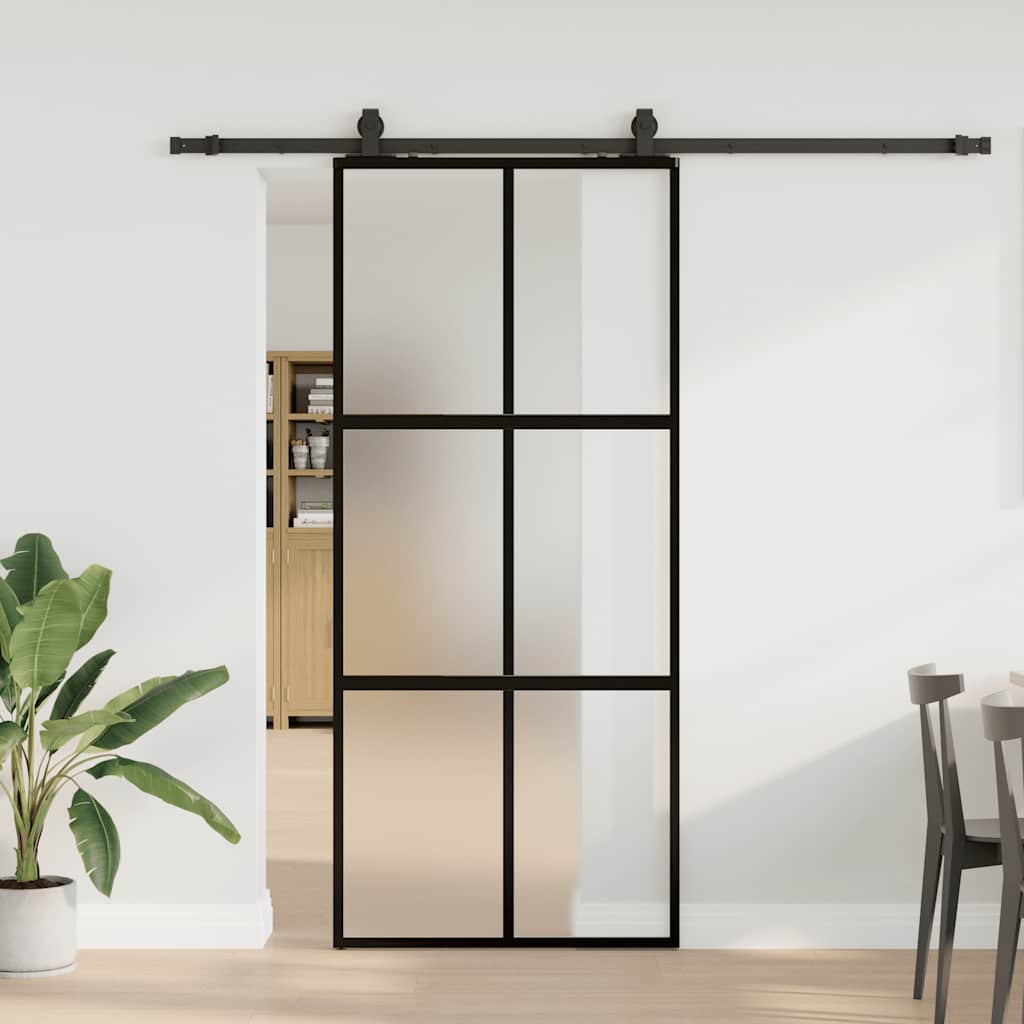 Schiebetür mit Beschlag Schwarz 76x205 cm Hartglas