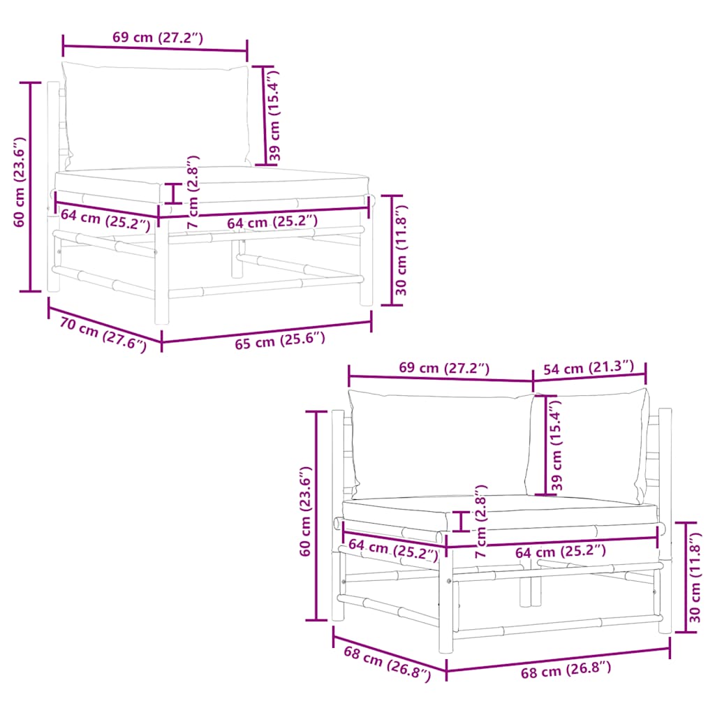3-tlg. Garten-Lounge-Set mit Kissen Bambus