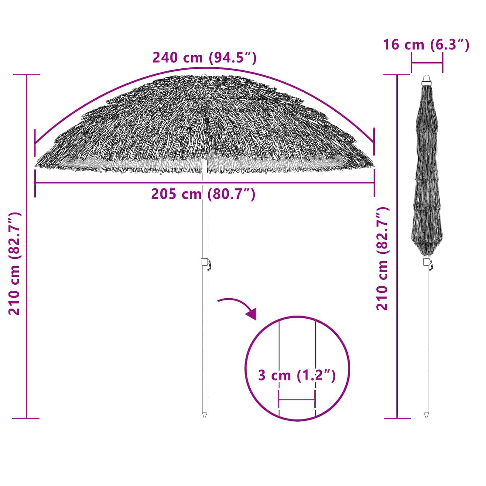 Strandparasol Natur 160 x 160 x 196 cm Polyester und Stahl