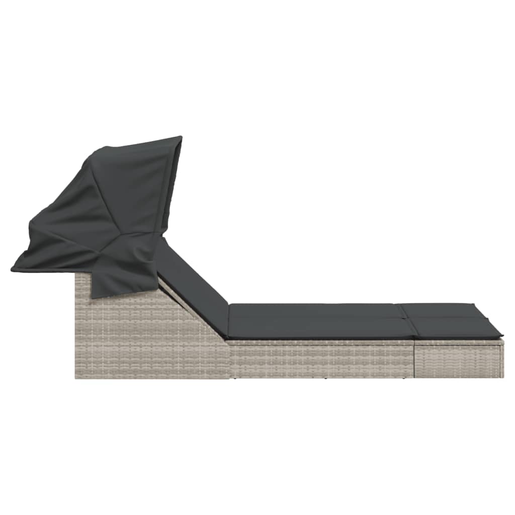 Doppel-Sonnenliege mit Dach und Auflagen Braun Poly Rattan