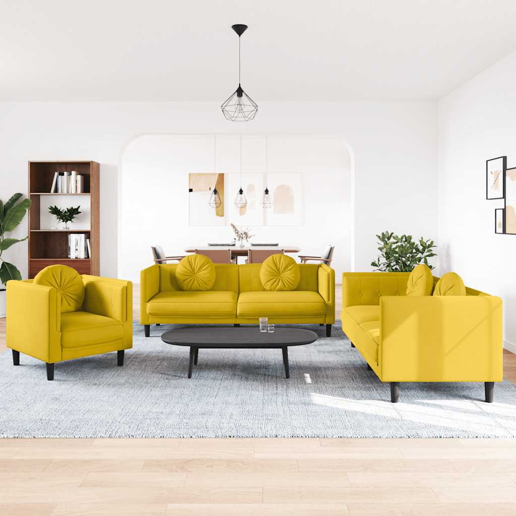 3-tlg. Sofagarnitur mit Kissen Creme Samt