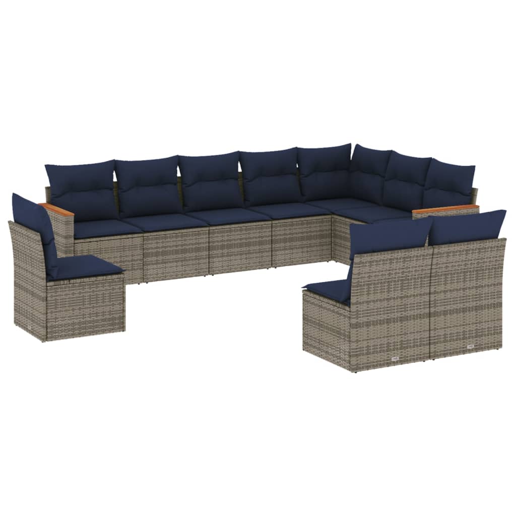 10-teiliges Gartensofa-Set mit Kissen, schwarzes Polyrattan