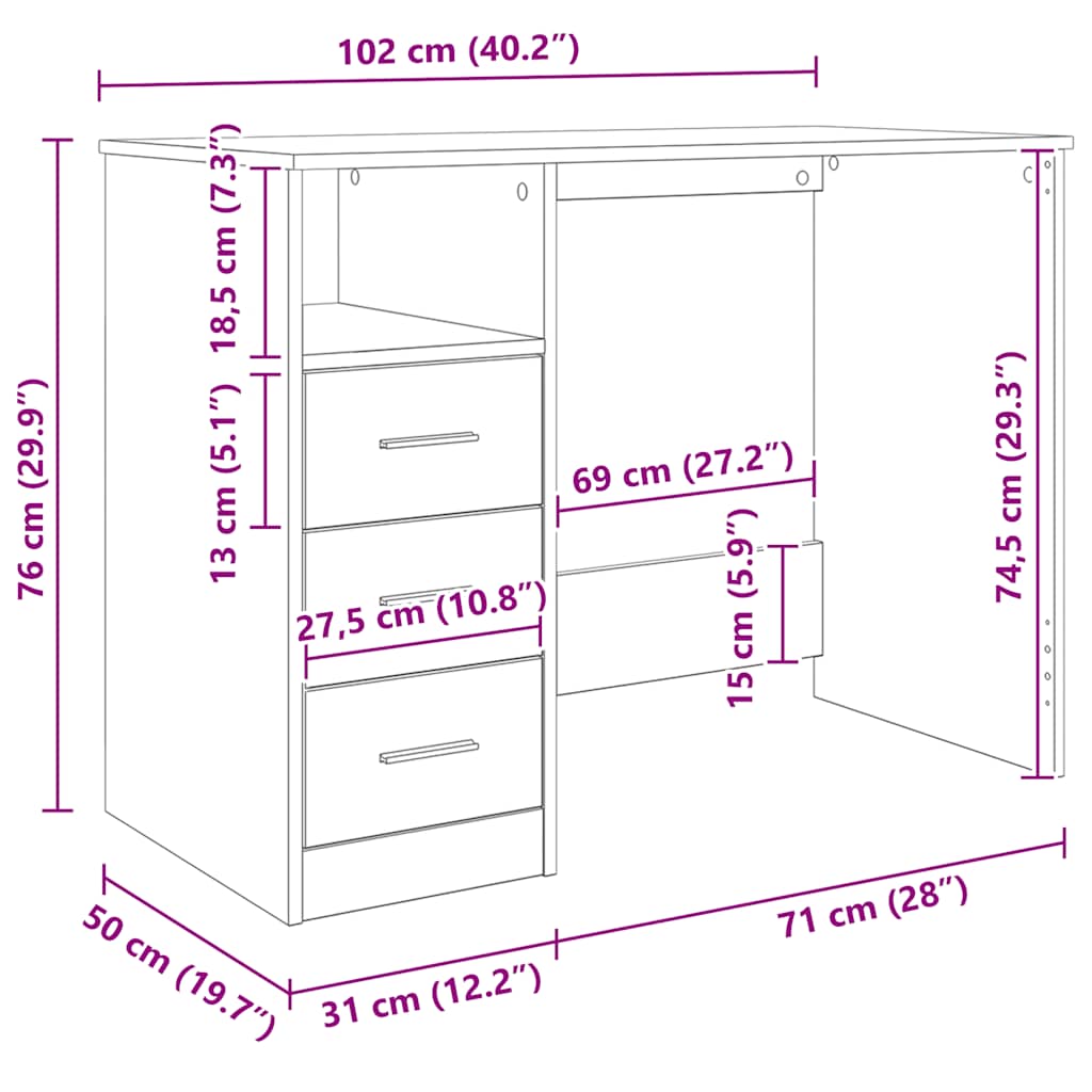 Schreibtisch mit Schubladen Weiß 102x50x76 cm Holzwerkstoff