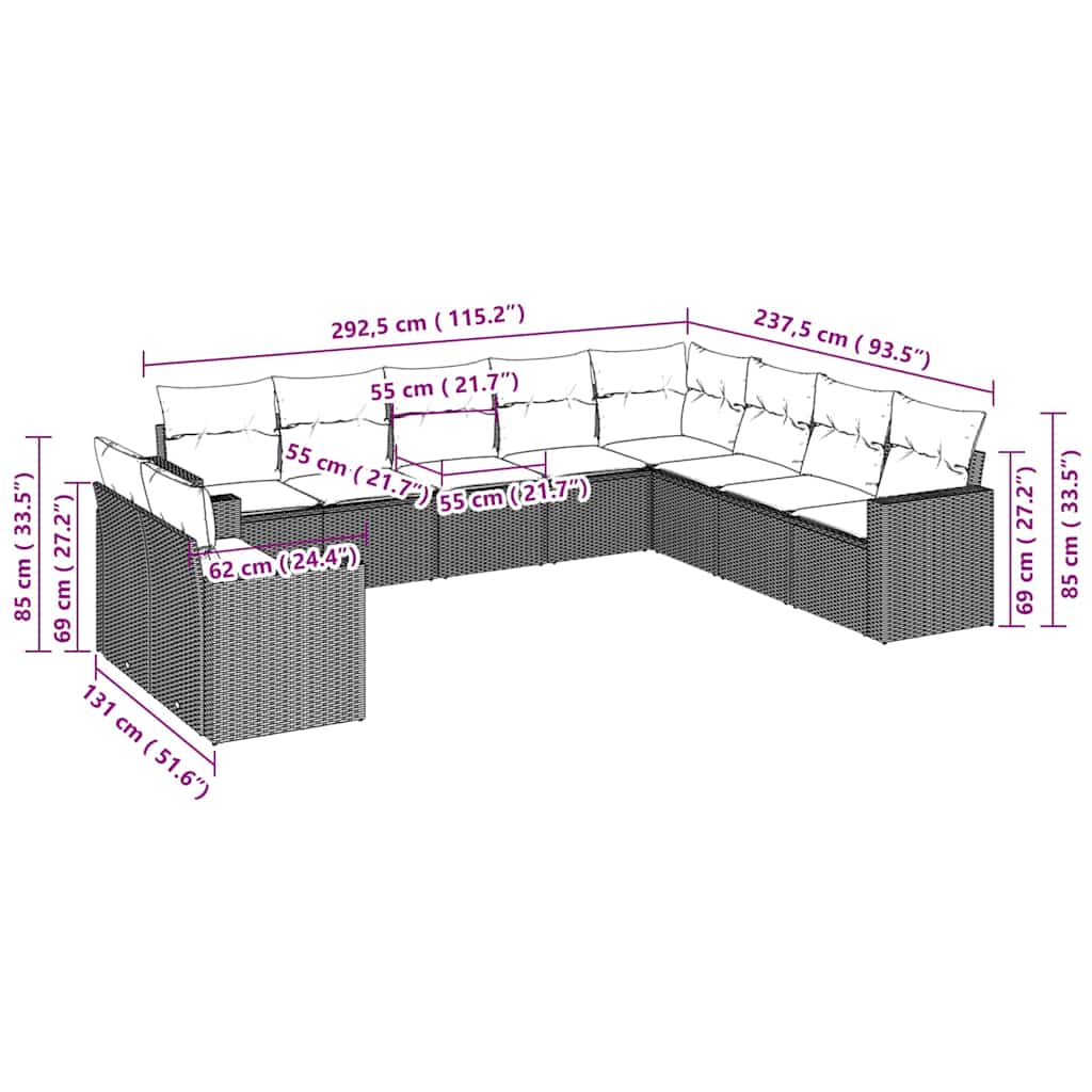 10-tlg. Garten-Sofagarnitur mit Kissen Schwarz Poly Rattan