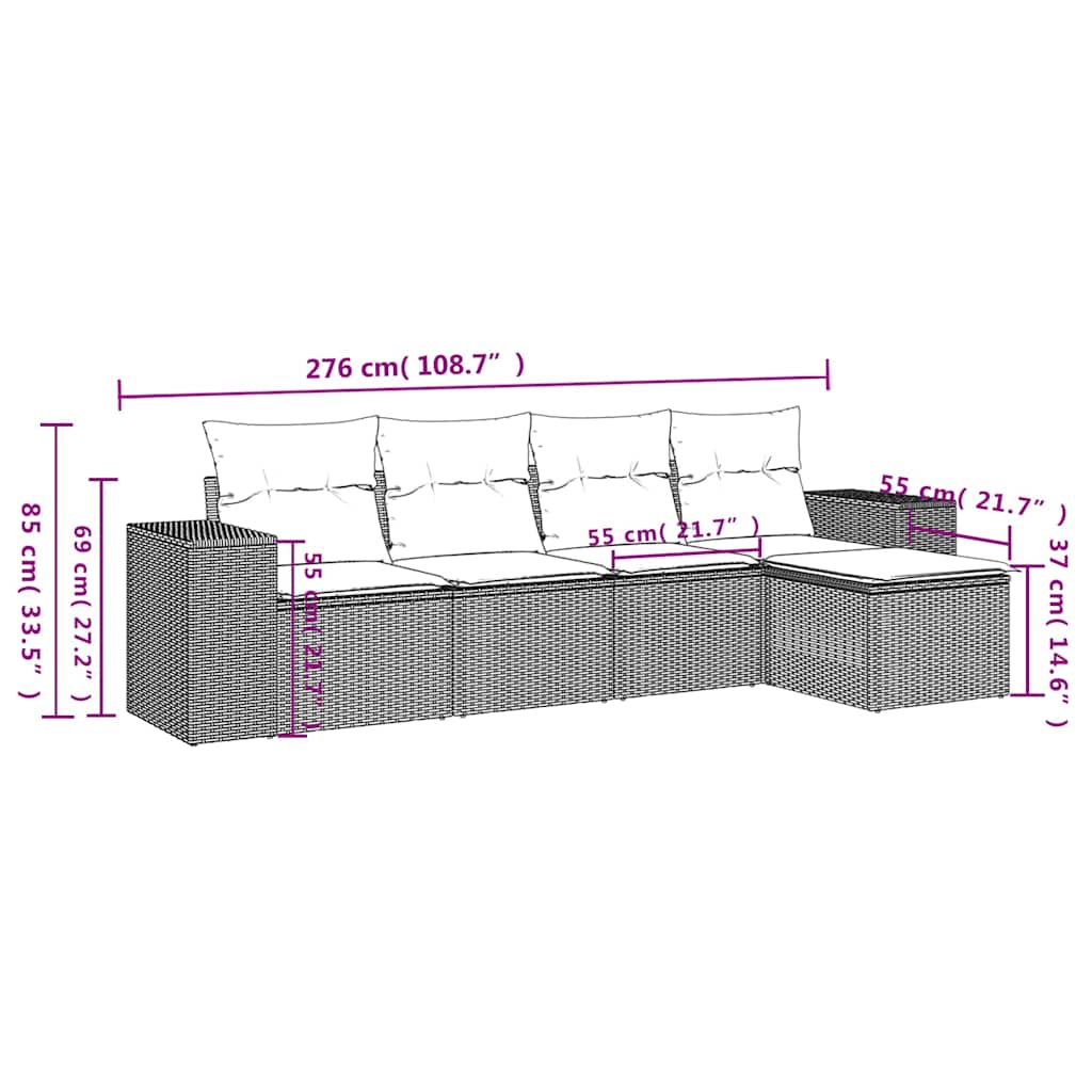 5-tlg. Garten-Sofagarnitur mit Kissen Schwarz Poly Rattan