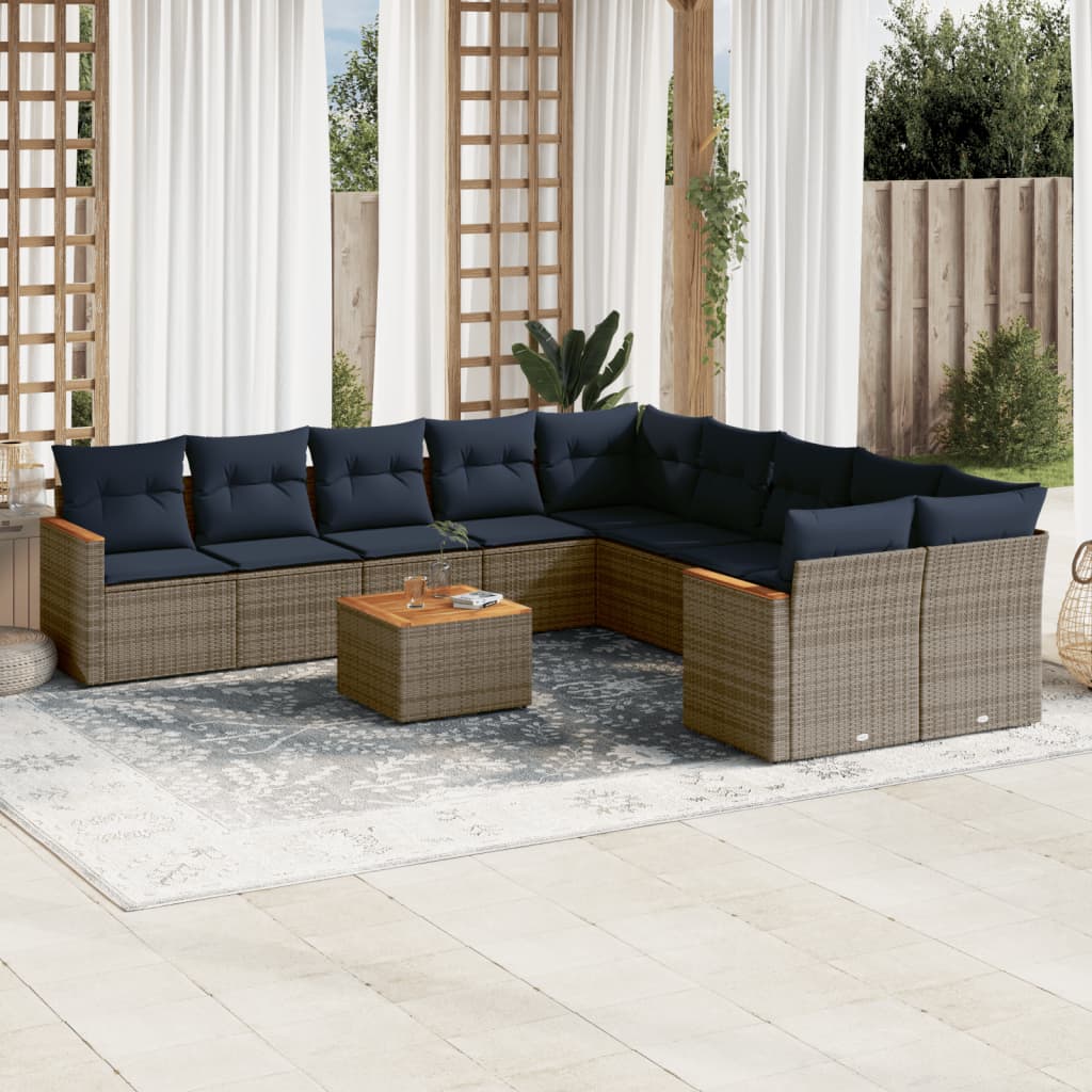 10-teiliges Gartensofa-Set mit Kissen, schwarzes Polyrattan
