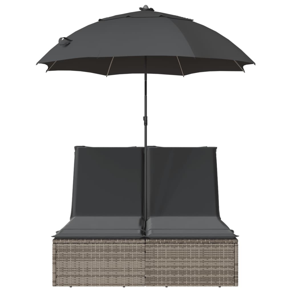 Doppel-Sonnenliege mit Kissen&Sonnenschirm Schwarz Poly Rattan