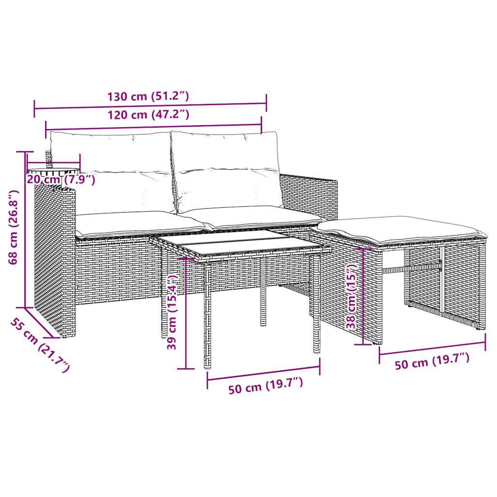 3-teiliges Gartensofa-Set mit Kissen, grau, Polyrattan