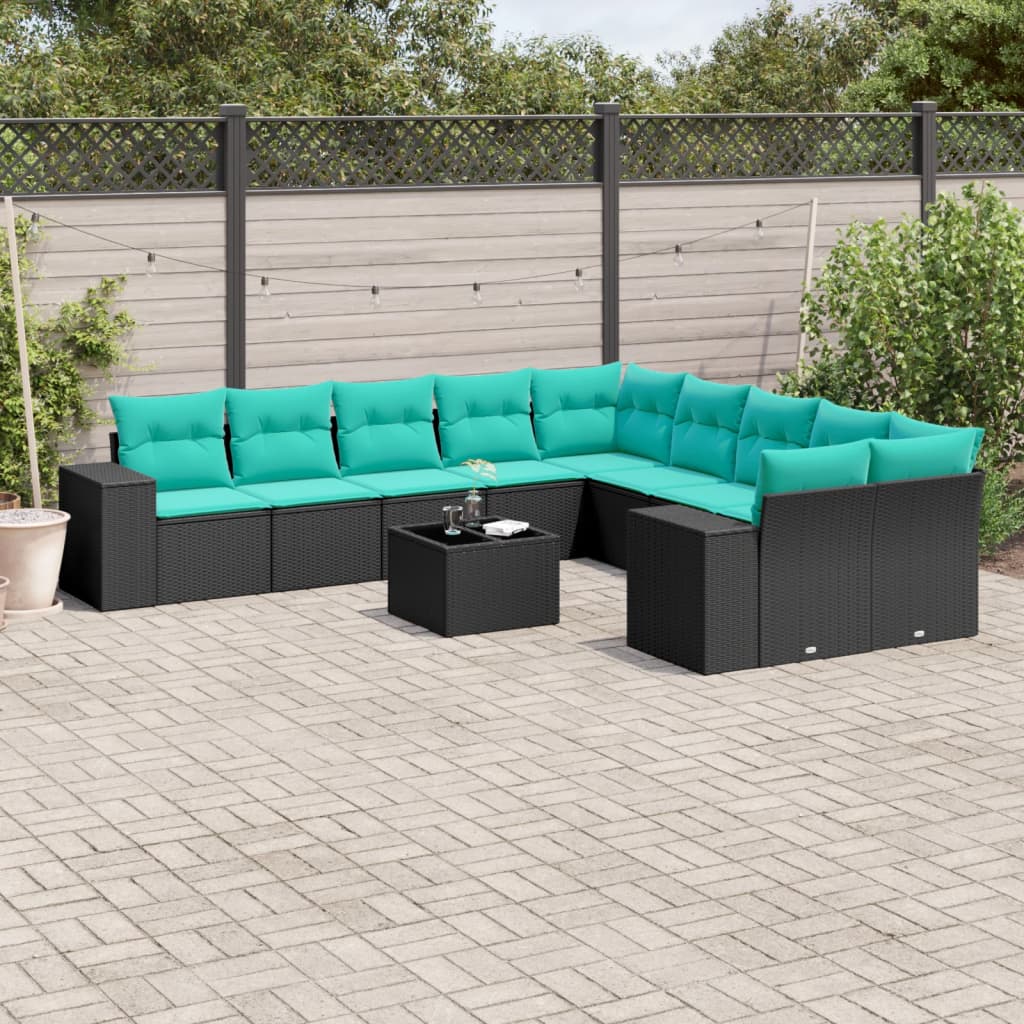 10-teiliges Gartensofa-Set mit Kissen, schwarzes Polyrattan