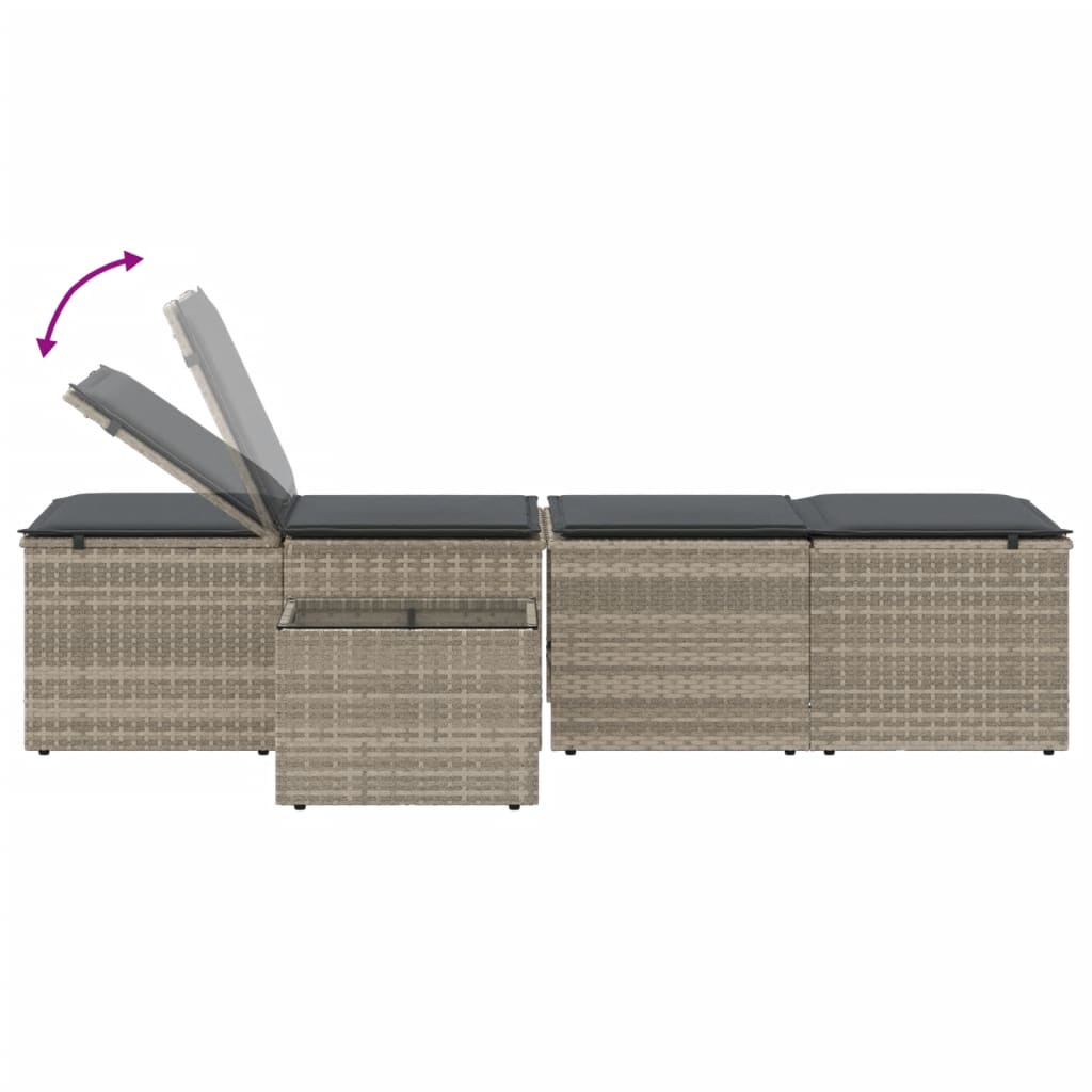 Modulare Sonnenliegen 2 Stk. mit Tisch Schwarz Poly Rattan
