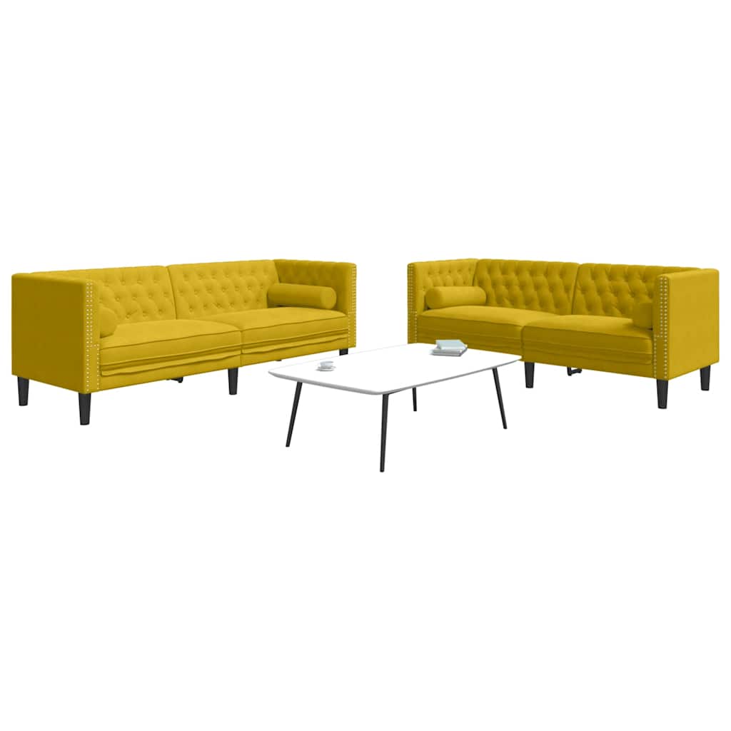 3-tlg. Chesterfield-Sofa-Set mit Nackenrollen Hellgrau Samt