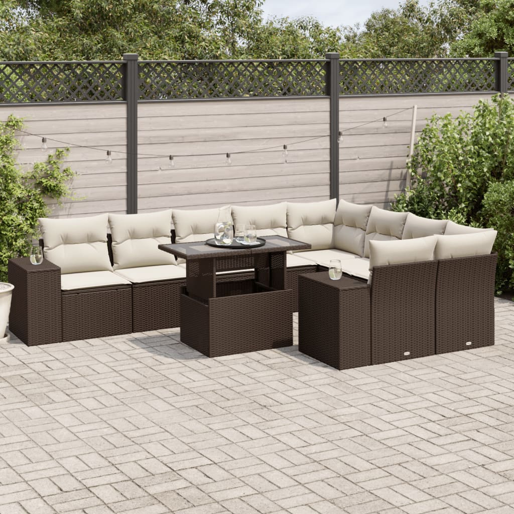 10-tlg. Garten-Sofagarnitur mit Kissen Beige Poly Rattan