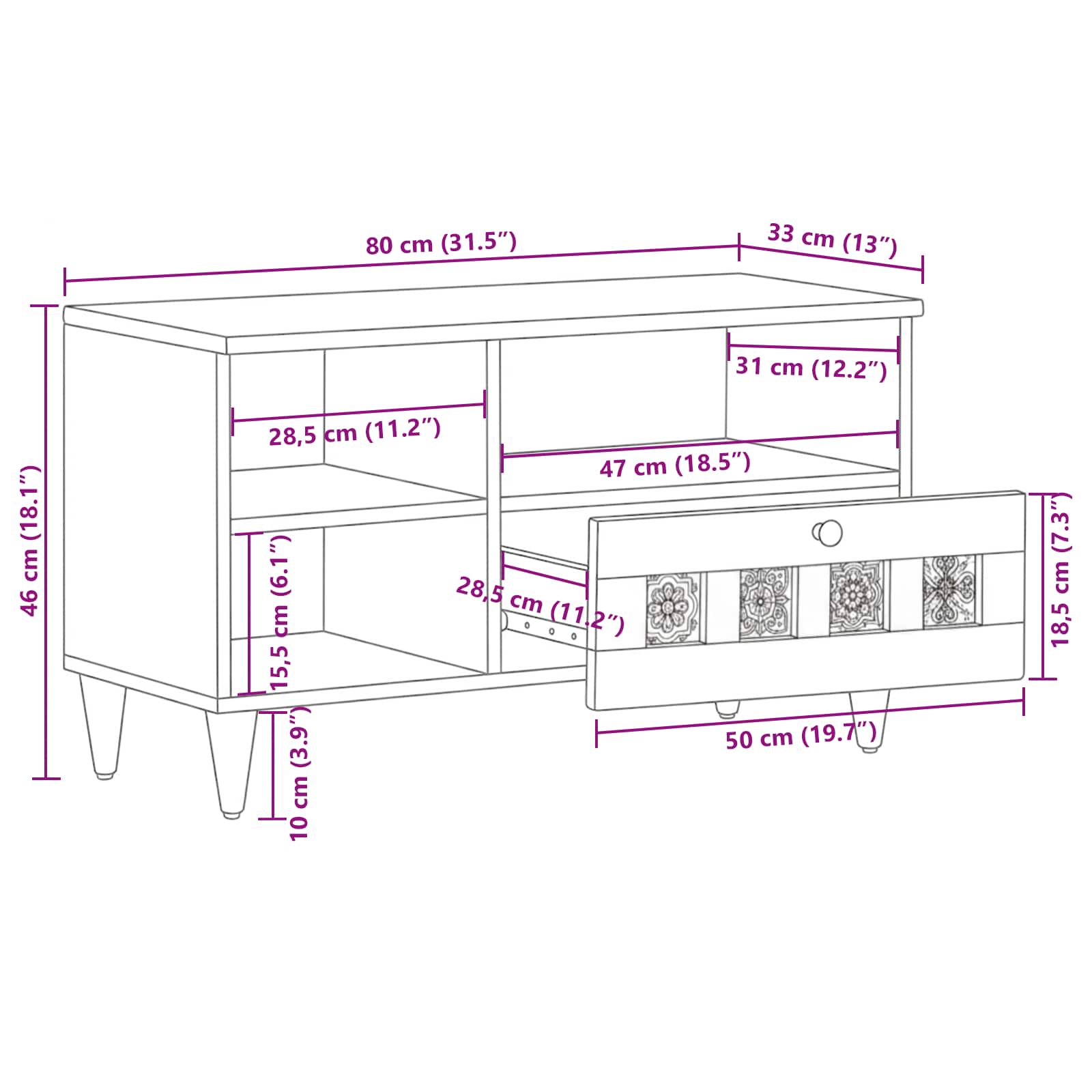 TV-Schränk mit Regal Walnuss 80 x 33 x 46 cm Massivholz Mango