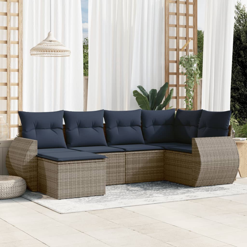 6-teiliges Gartensofa-Set mit Kissen, schwarzes Polyrattan