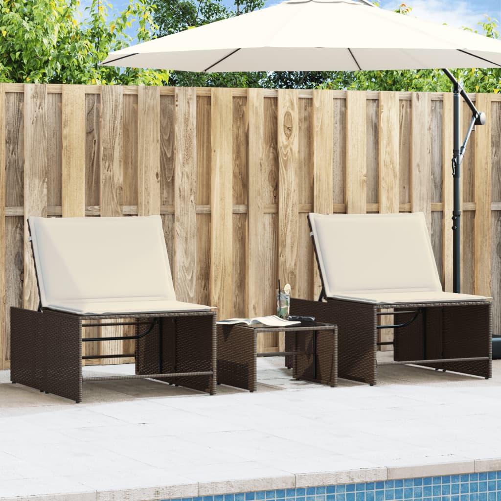 Modulare Sonnenliegen 2 Stk. mit Tisch Schwarz Poly Rattan