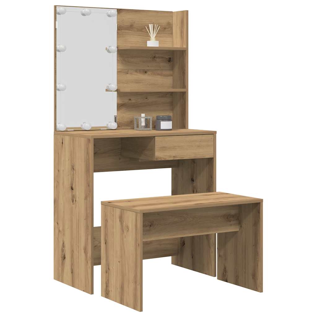 Schminktisch-Set mit LED Weiß Holzwerkstoff
