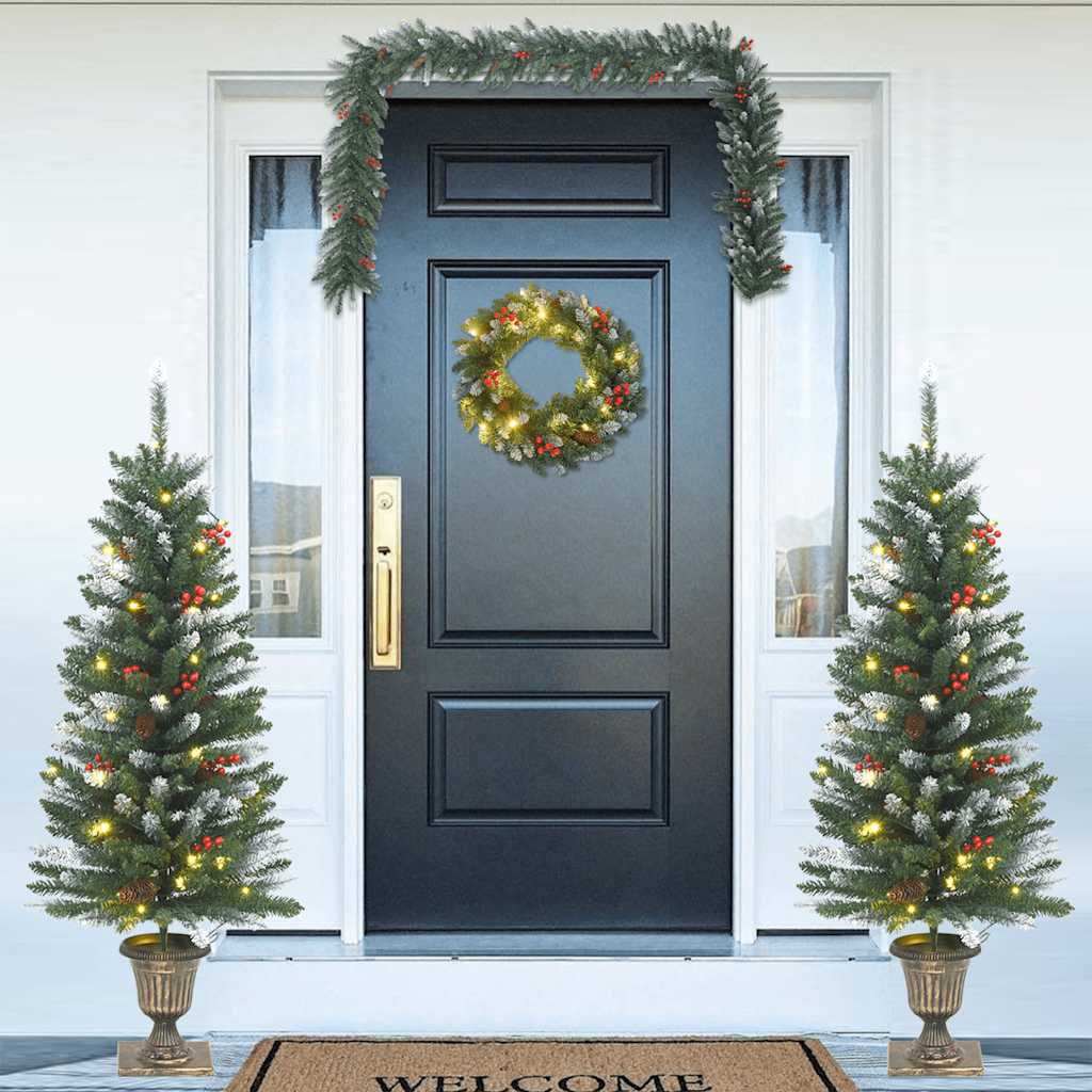 Künstliche Weihnachtsbäume 2 Stk. mit Kranz, Girlande und LEDs