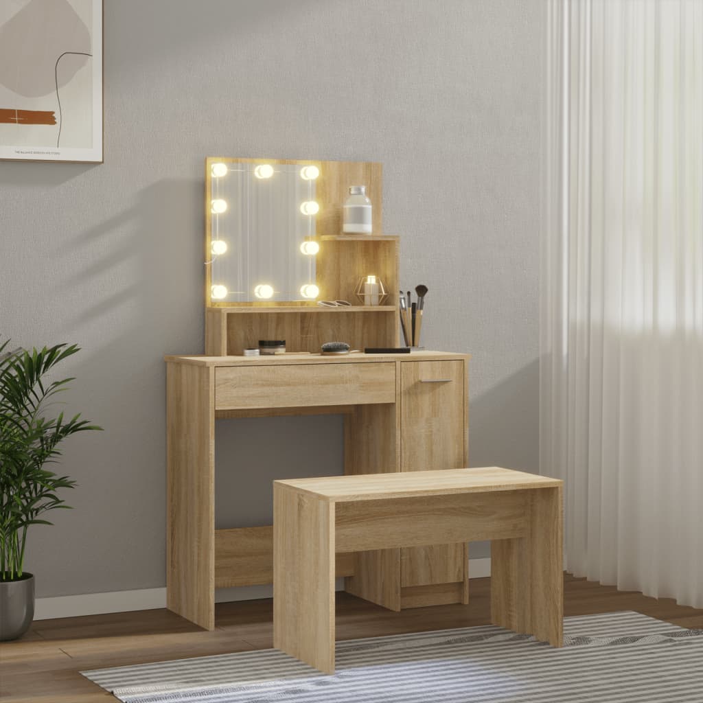 Schminktisch-Set mit LED Weiß Holzwerkstoff
