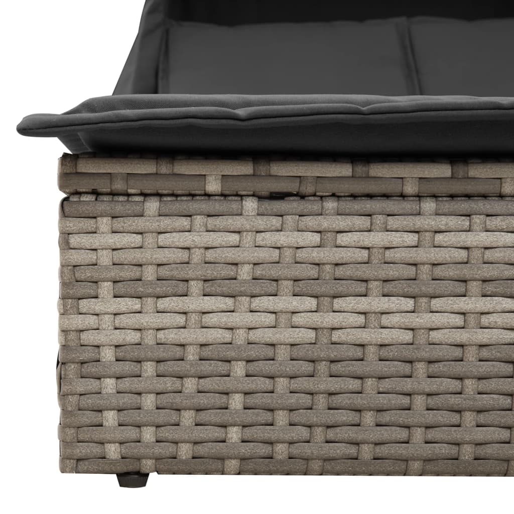 Doppel-Sonnenliege mit Dach und Auflagen Braun Poly Rattan