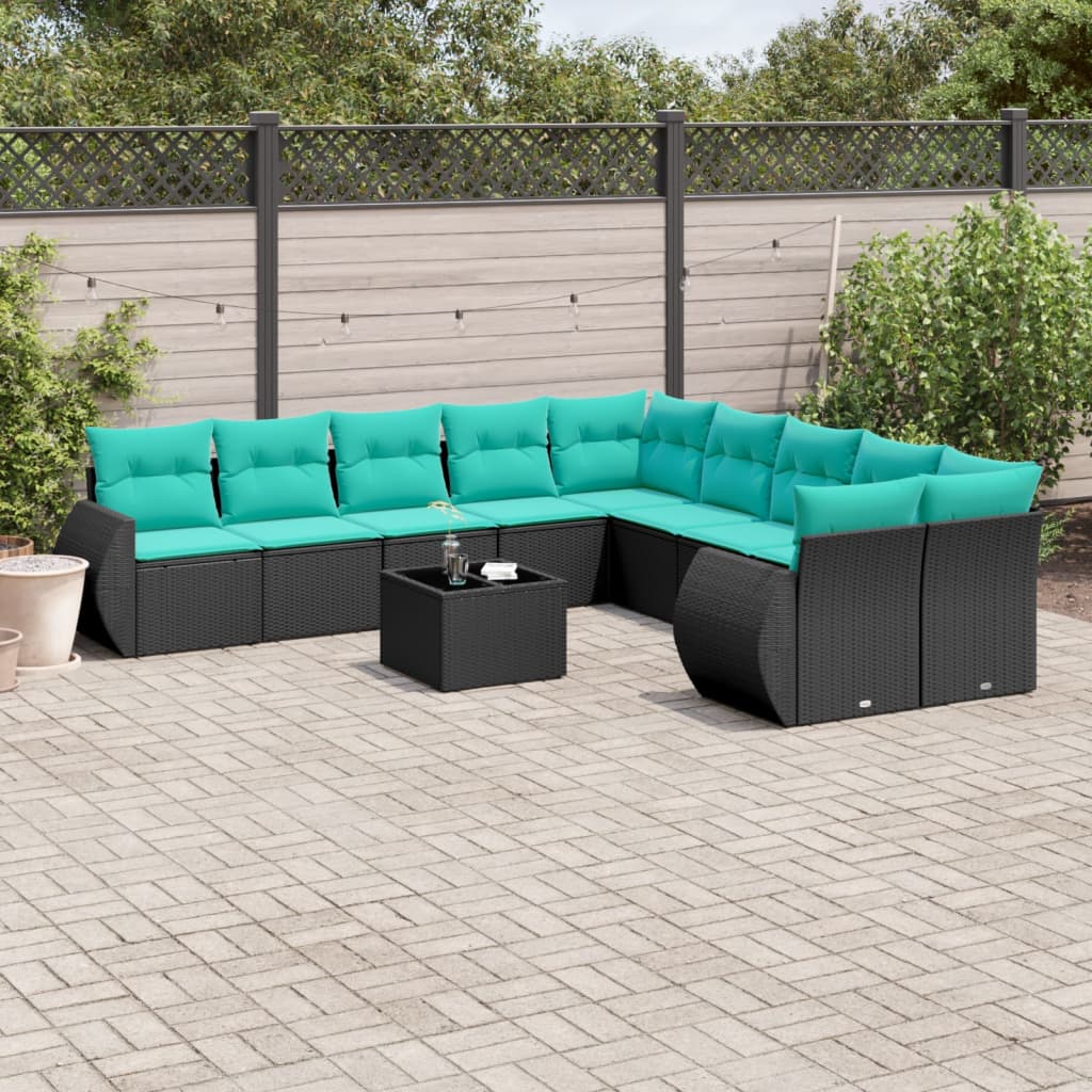 10-teiliges Gartensofa-Set mit Kissen, schwarzes Polyrattan