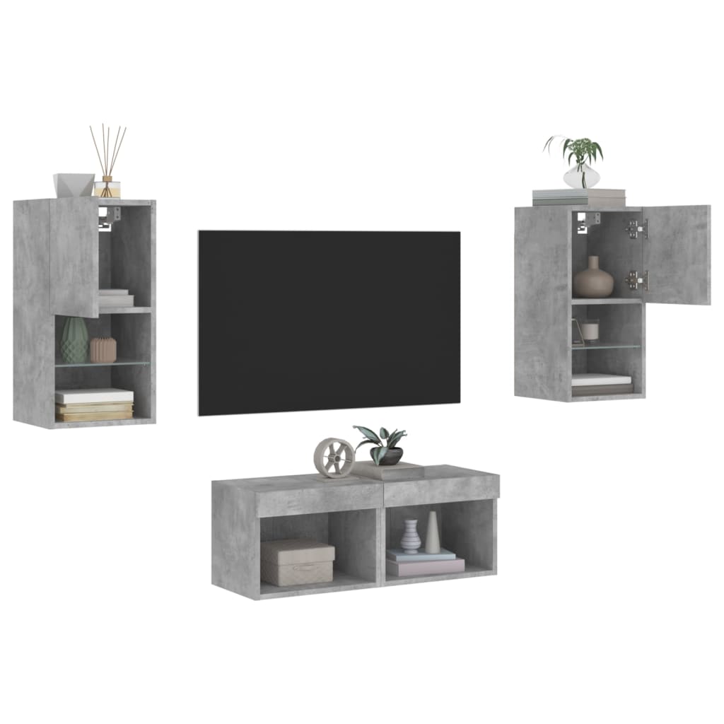 4-tlg. TV-Wohnwand mit LED-Leuchten Weiß