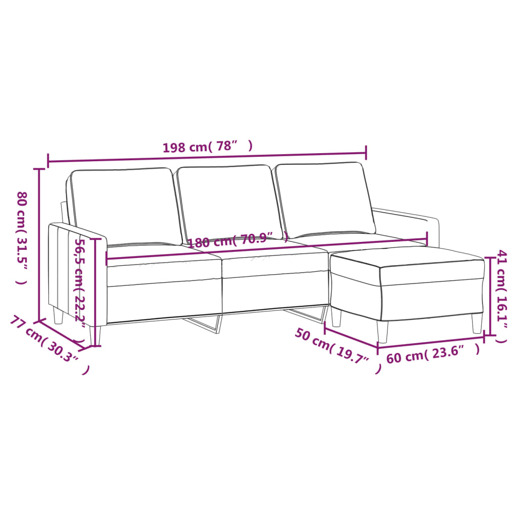 3-Sitzer-Sofa mit Hocker Rosa 180 cm Samt