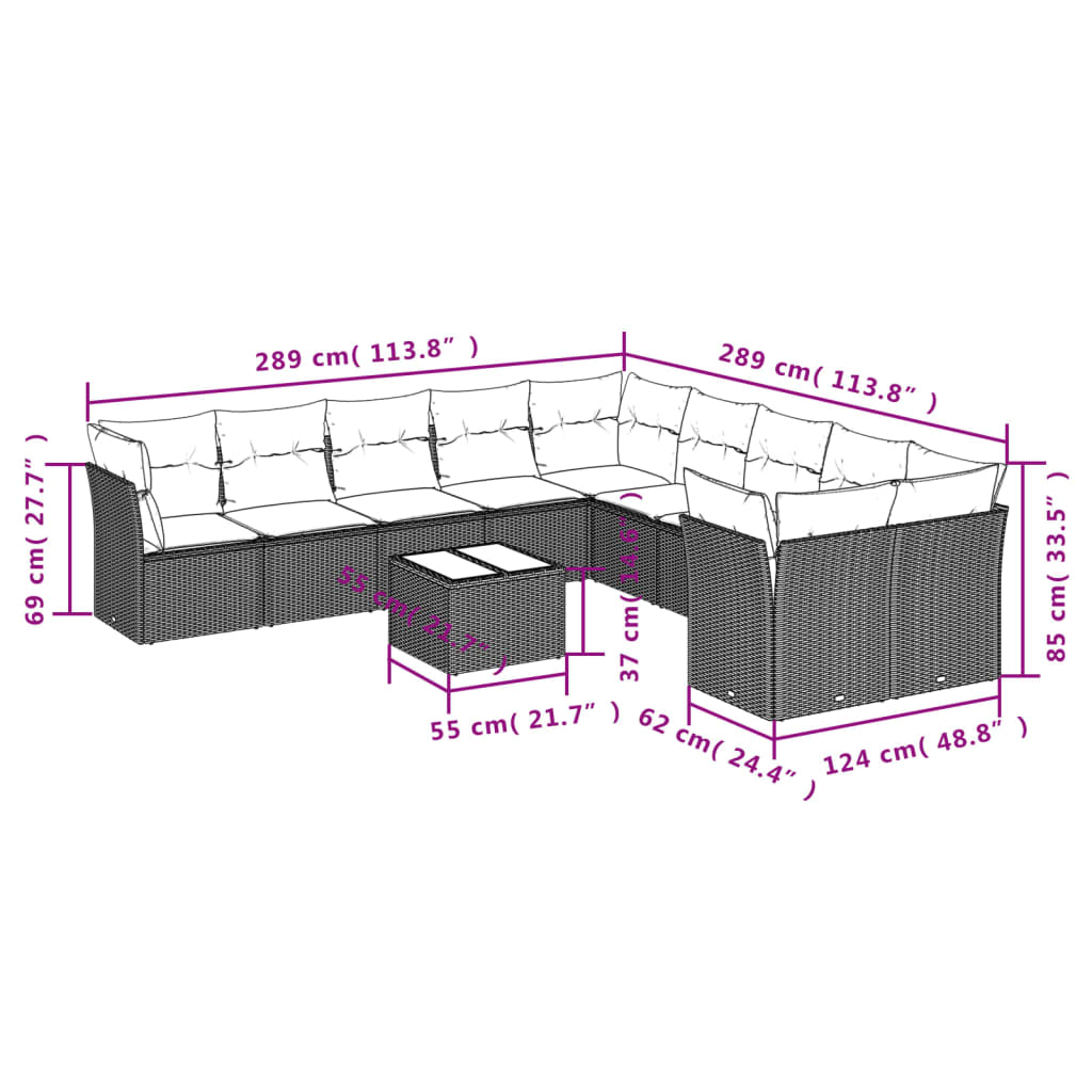10-tlg. Garten-Sofagarnitur mit Kissen Schwarz Poly Rattan
