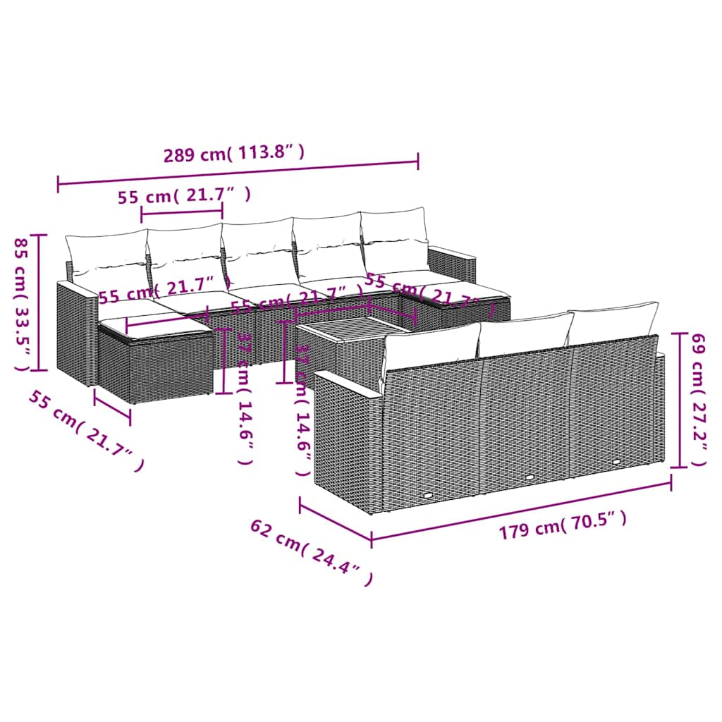 10-teiliges Gartensofa-Set mit Kissen, schwarzes Polyrattan