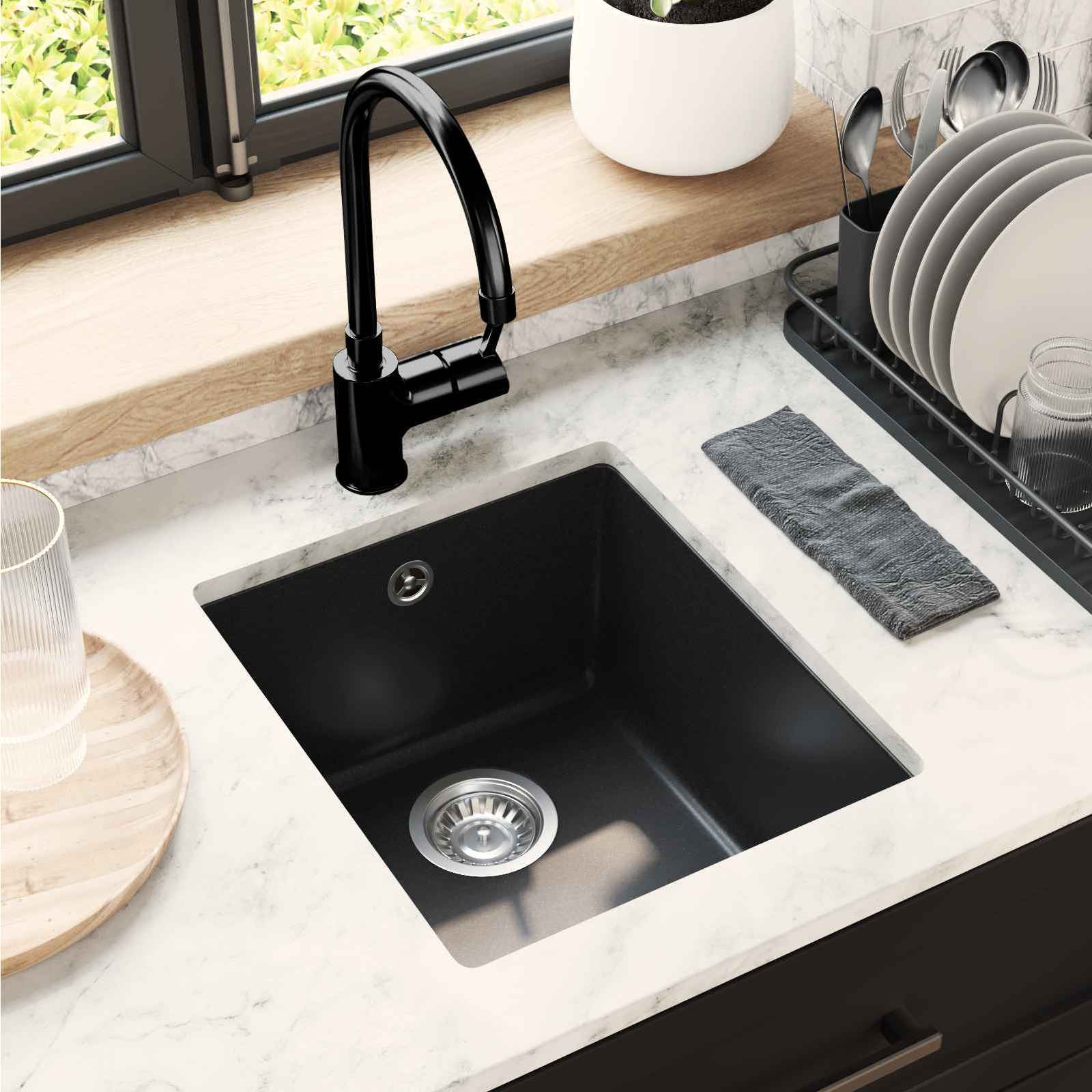 Waschbecken Schwarz 370 x 460 mm 80% Quarz und 20% Harz