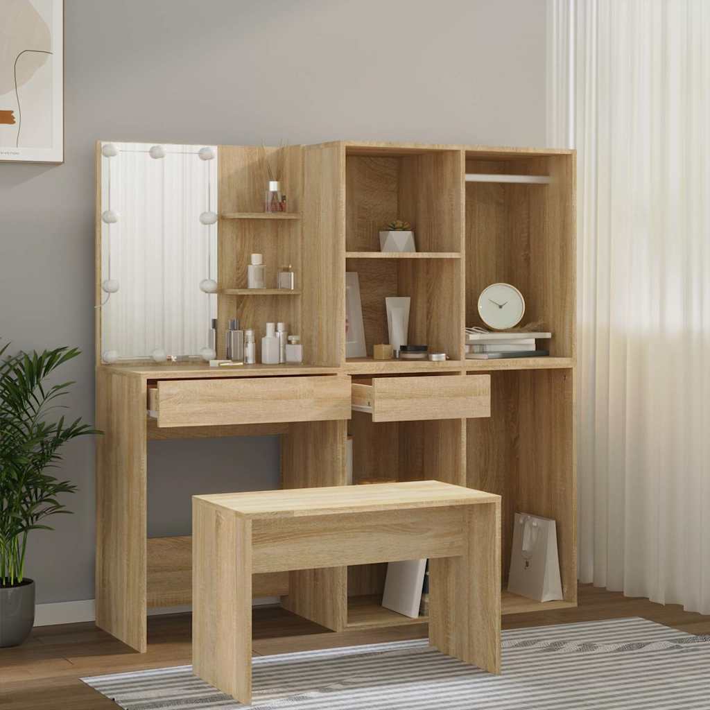 Schminktisch-Set mit LED Weiß Holzwerkstoff