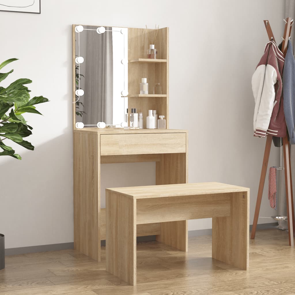 Schminktisch-Set mit LED Weiß Holzwerkstoff