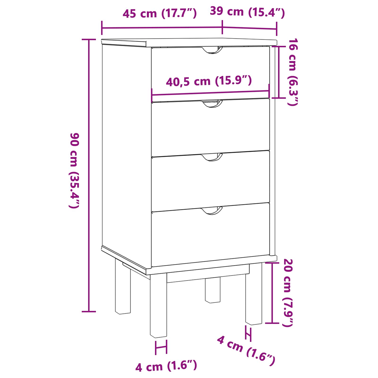 Schubladenschrank OTTA 45x39x90 cm Massivholz