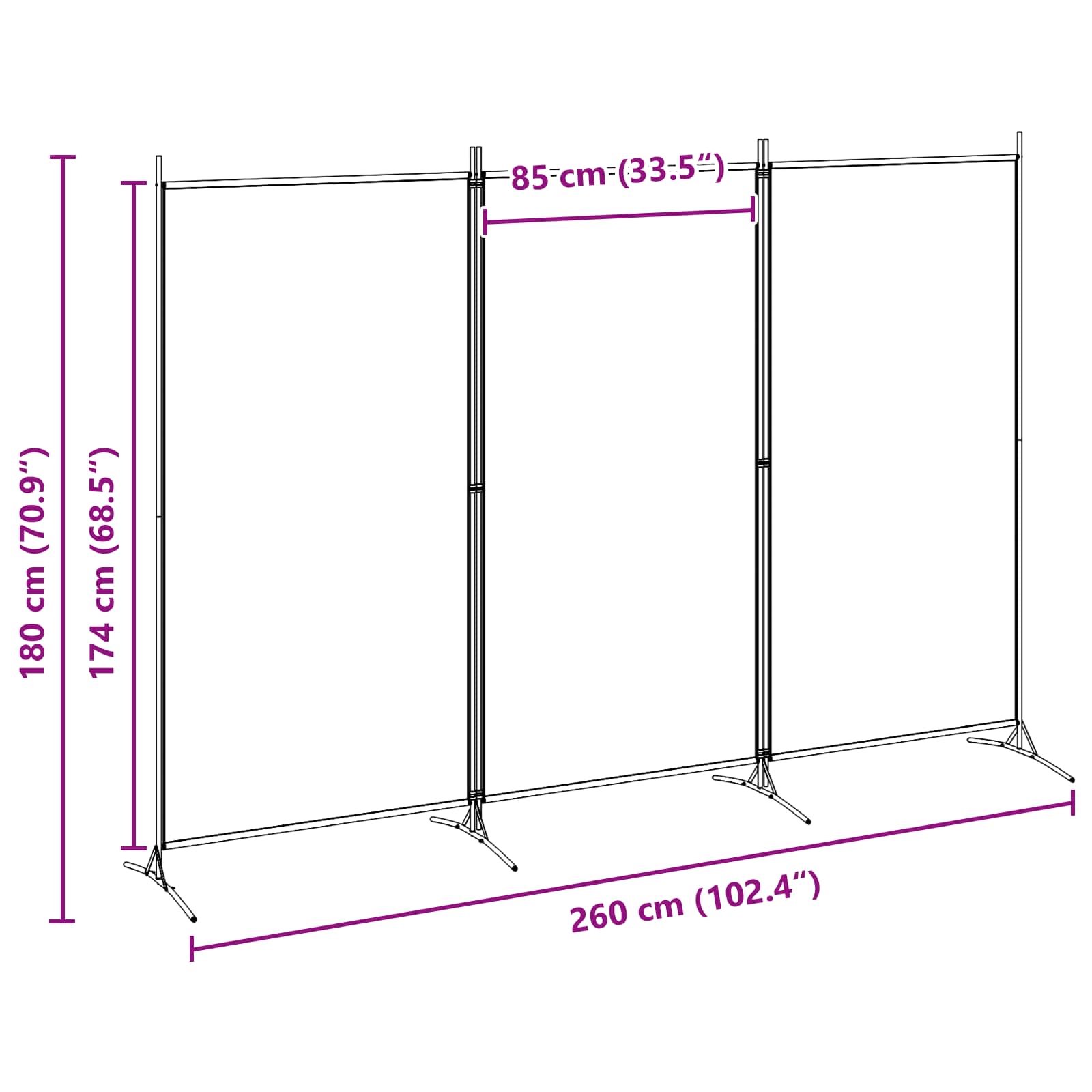 3-tlg. Raumteiler Weiß 260x180 cm Stoff