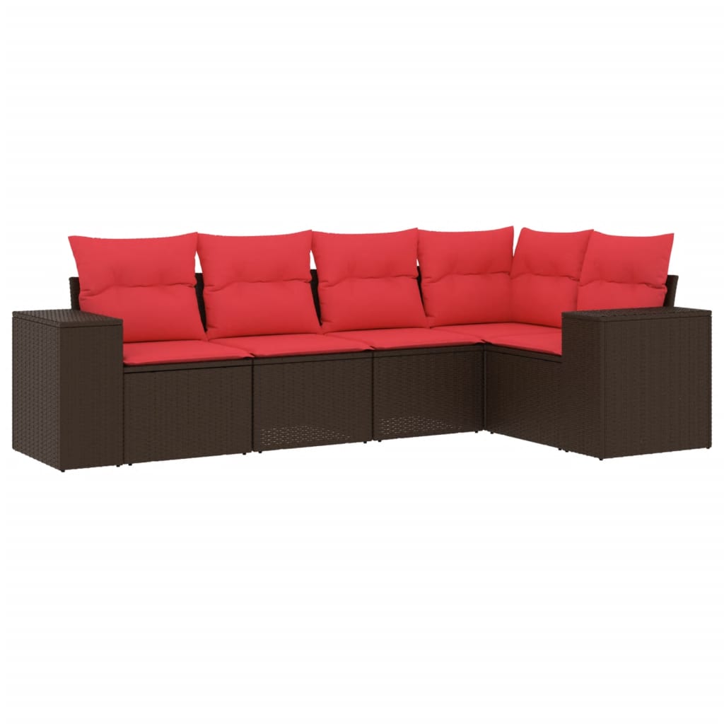 5-teiliges Gartensofa-Set mit Kissen, schwarzes Polyrattan