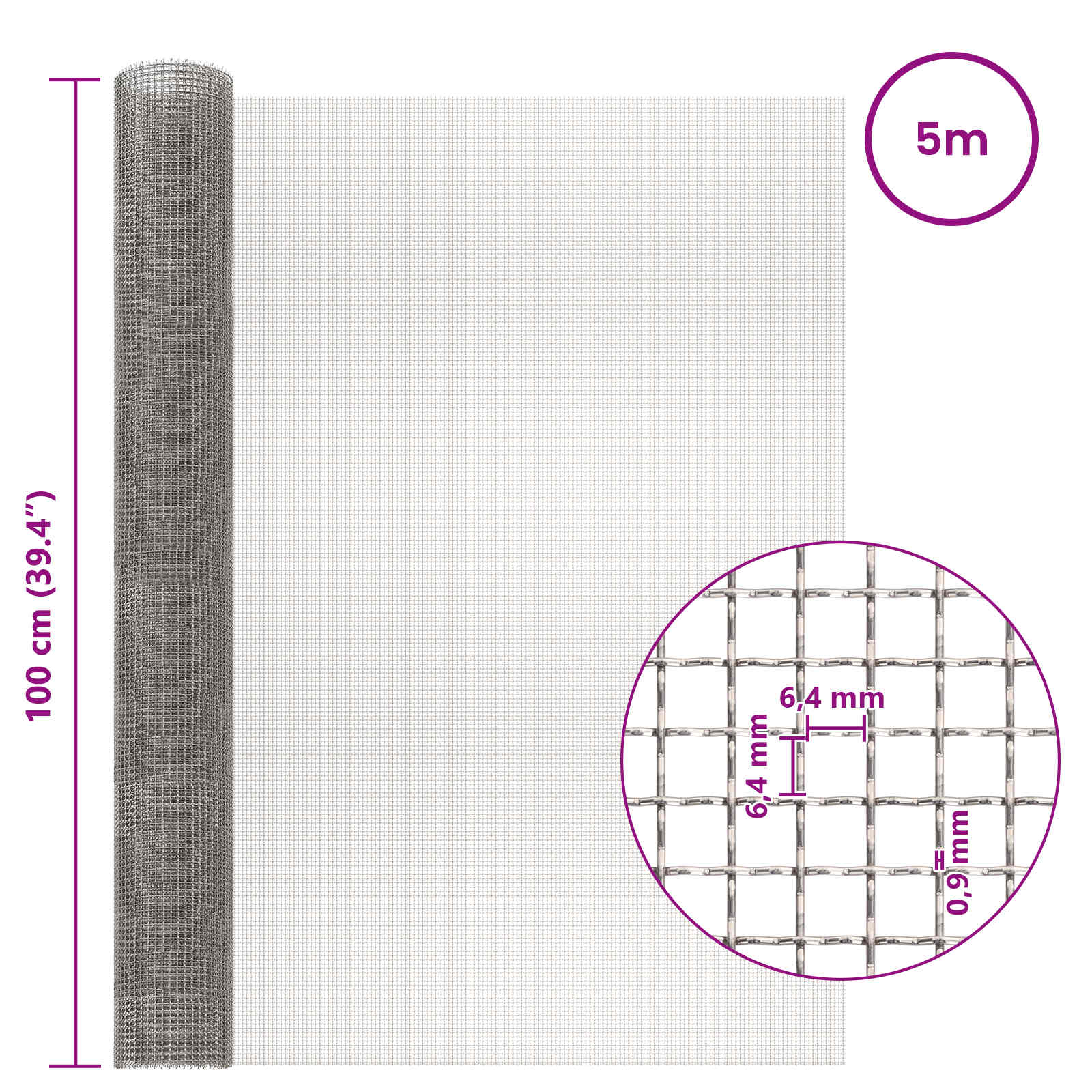 Mesh Bildschirm 20 x 500 cm 20 Mesh Edelstahl 201 Silber