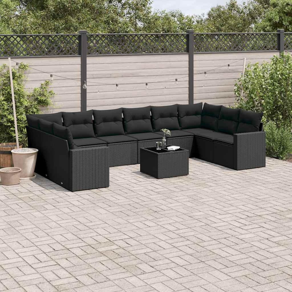 10-tlg. Garten-Sofagarnitur mit Kissen Schwarz Poly Rattan