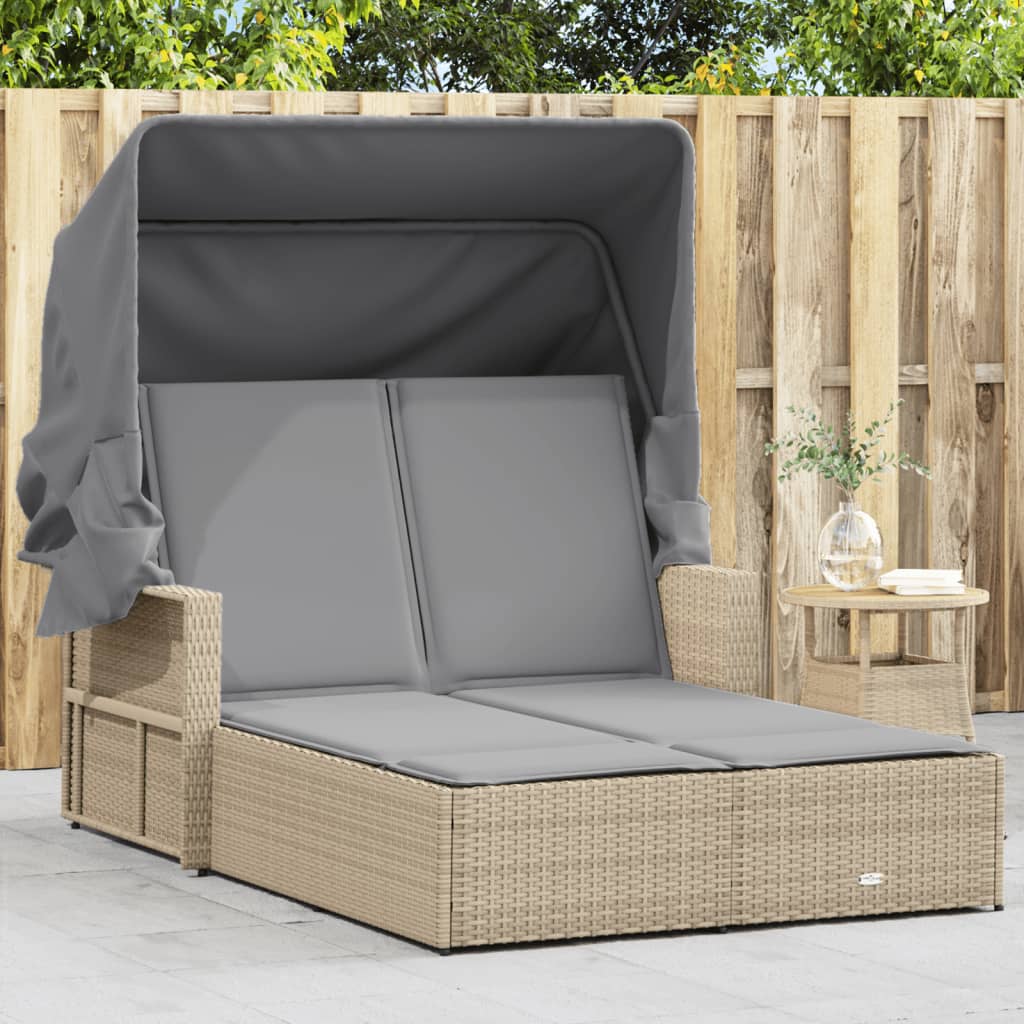Doppel-Sonnenliege mit Dach und Auflagen Schwarz Poly Rattan